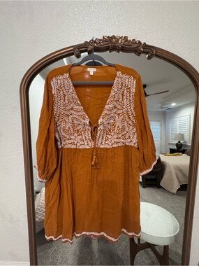 Garnet Hill Burnt Orange Embroidered V-Neck Tunic